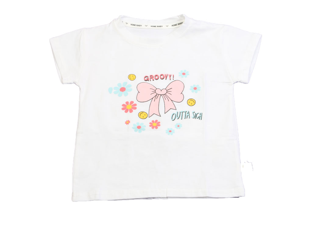 تیشرت آستین کوتاه دخترانه سفید رنگ طرح پاپیون