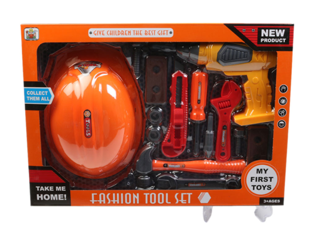 ست جعبه ابزار اسباب بازی همراه با دریل و کلاه ایمنی