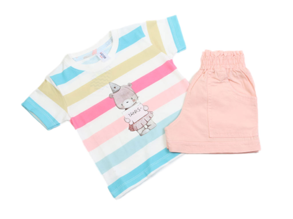 تیشرت و شلوارک کتان دخترانه طرح خرس کلاه بوقی کیدومکس kido max