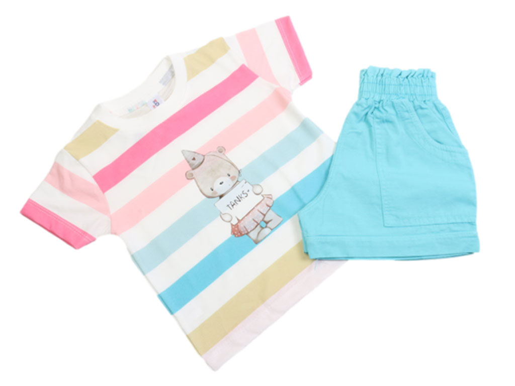 تیشرت و شلوارک کتان دخترانه طرح خرس کلاه بوقی کیدومکس kido max