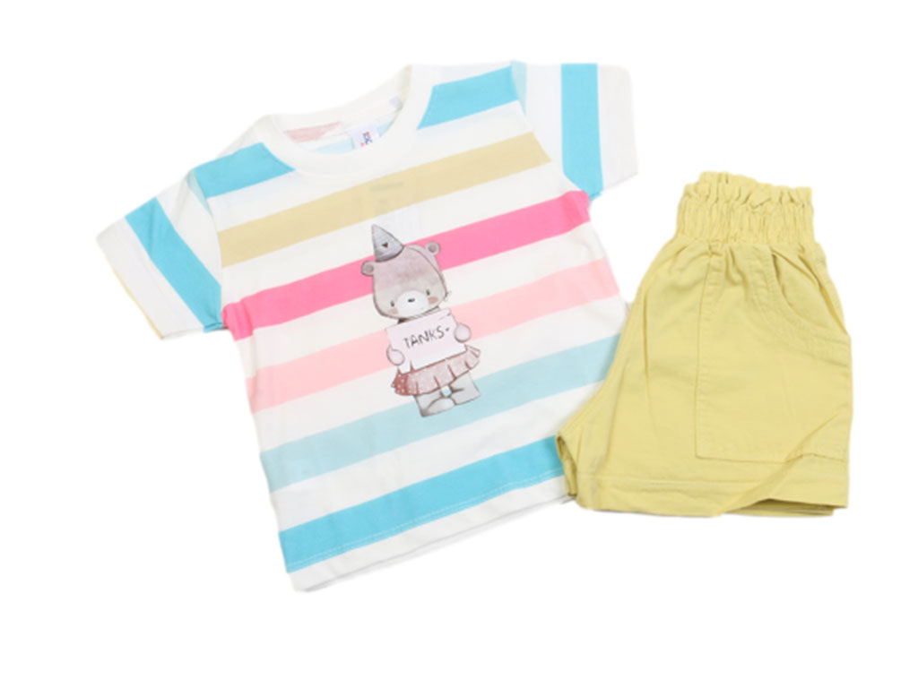 تیشرت و شلوارک کتان دخترانه طرح خرس کلاه بوقی کیدومکس kido max