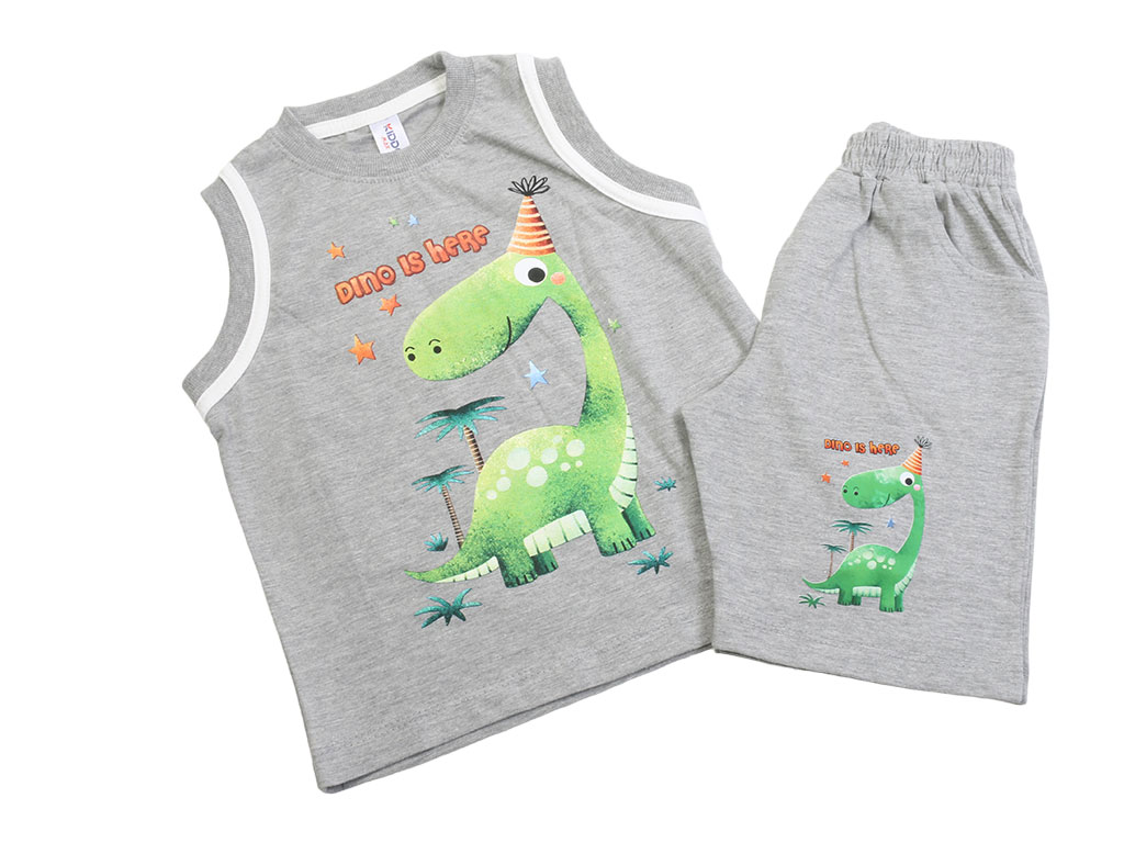 رکابی و شلوارک پسرانه خاکستری رنگ طرح دایناسور کیدو مکس kido max