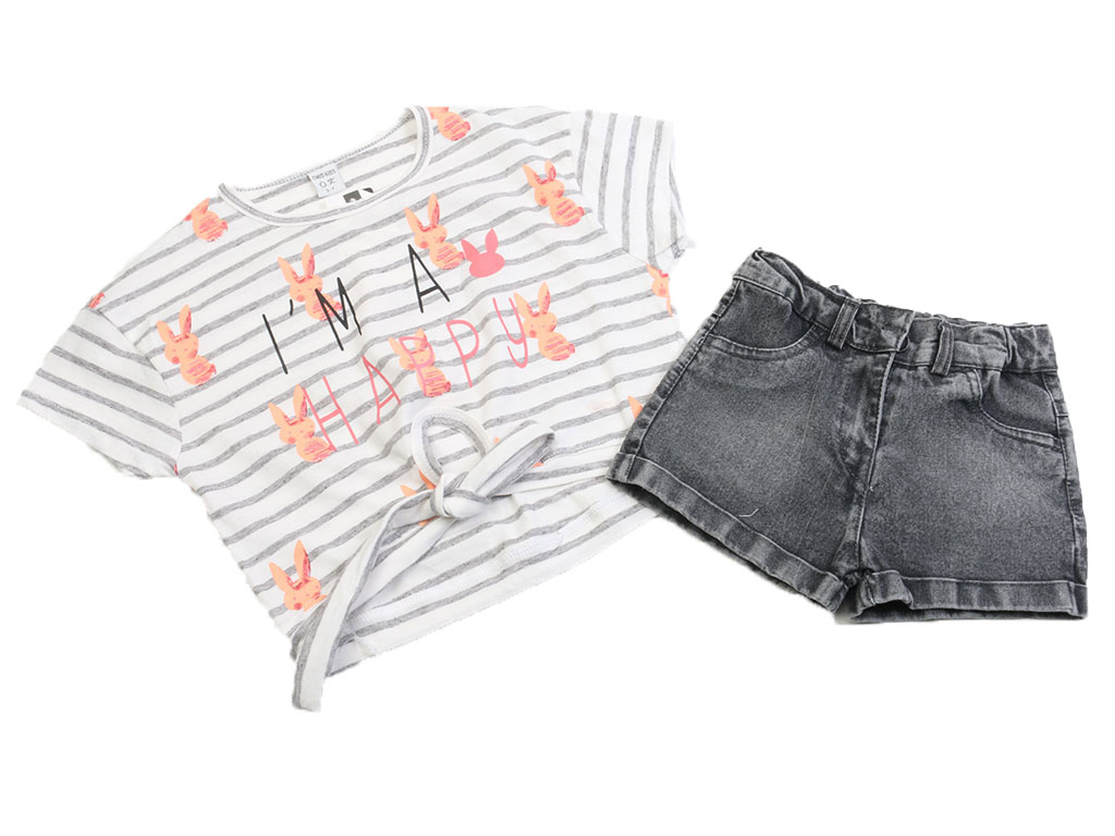 تیشرت کراپ و شلوارک جین دخترانه طرح راه راه و خرگوش امید omid