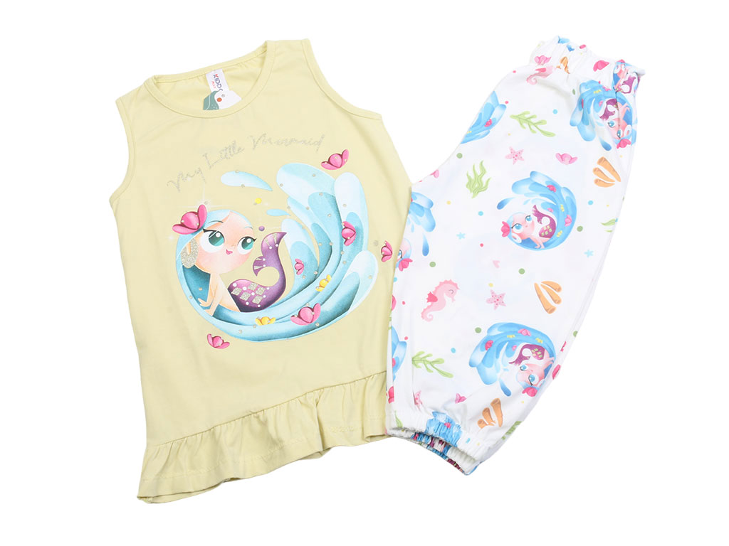 تاپ و شلوارک راحتی دخترانه لیمویی رنگ طرح پری دریایی کیدومکس kido max