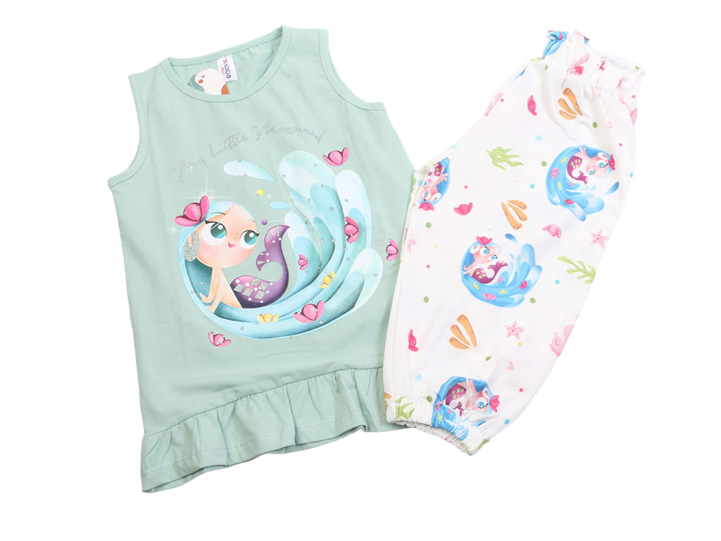 تاپ و شلوارک راحتی دخترانه رنگ سبز طرح پری دریایی کیدومکس kido max