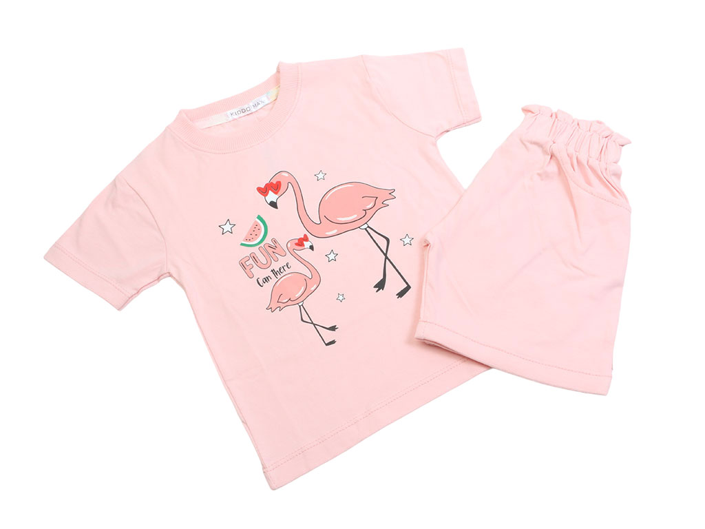 تیشرت و شلوارک راحتی دخترانه صورتی رنگ طرح فلامینگو کیدومکس kido max