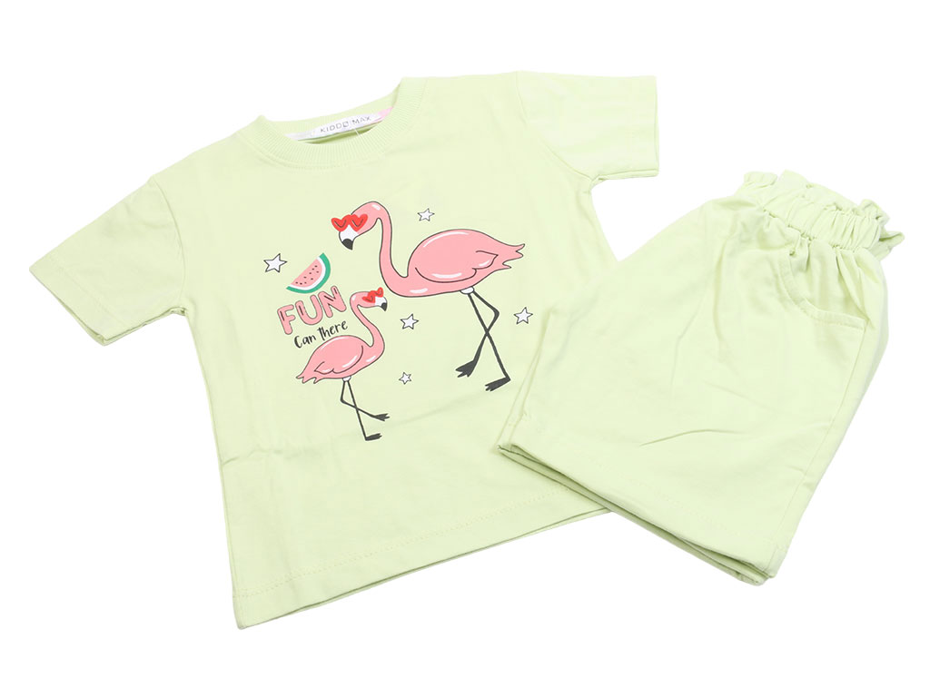 تیشرت و شلوارک راحتی دخترانه رنگ سبز مغز پسته ای طرح فلامینگو کیدومکس kido max