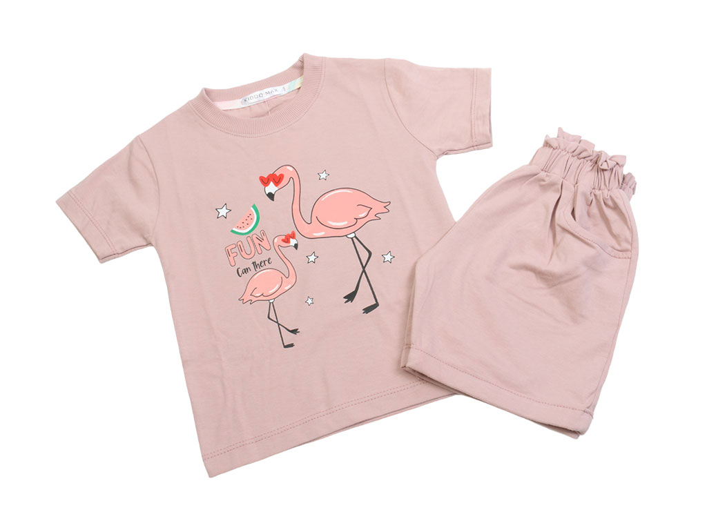 تیشرت و شلوارک راحتی دخترانه رنگ صورتی چرک طرح فلامینگو کیدومکس kido max