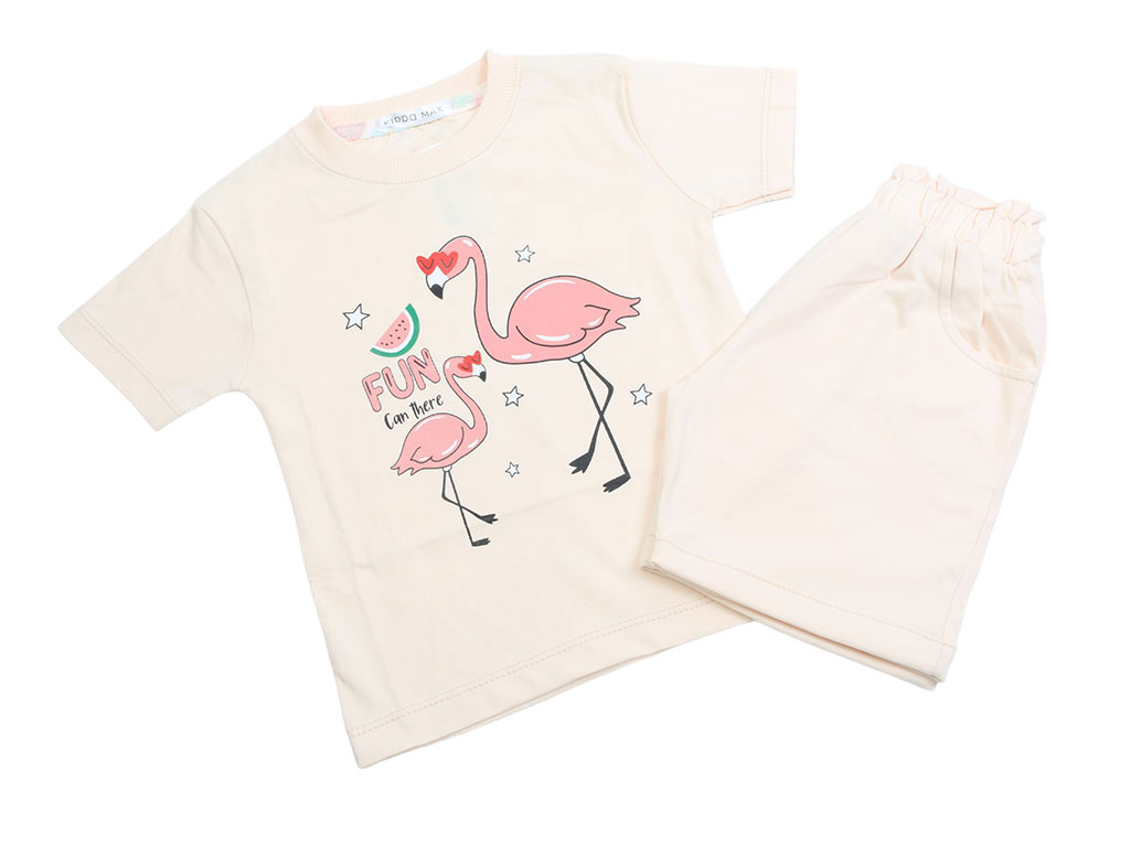 تیشرت و شلوارک راحتی دخترانه کرم رنگ طرح فلامینگو کیدومکس kido max
