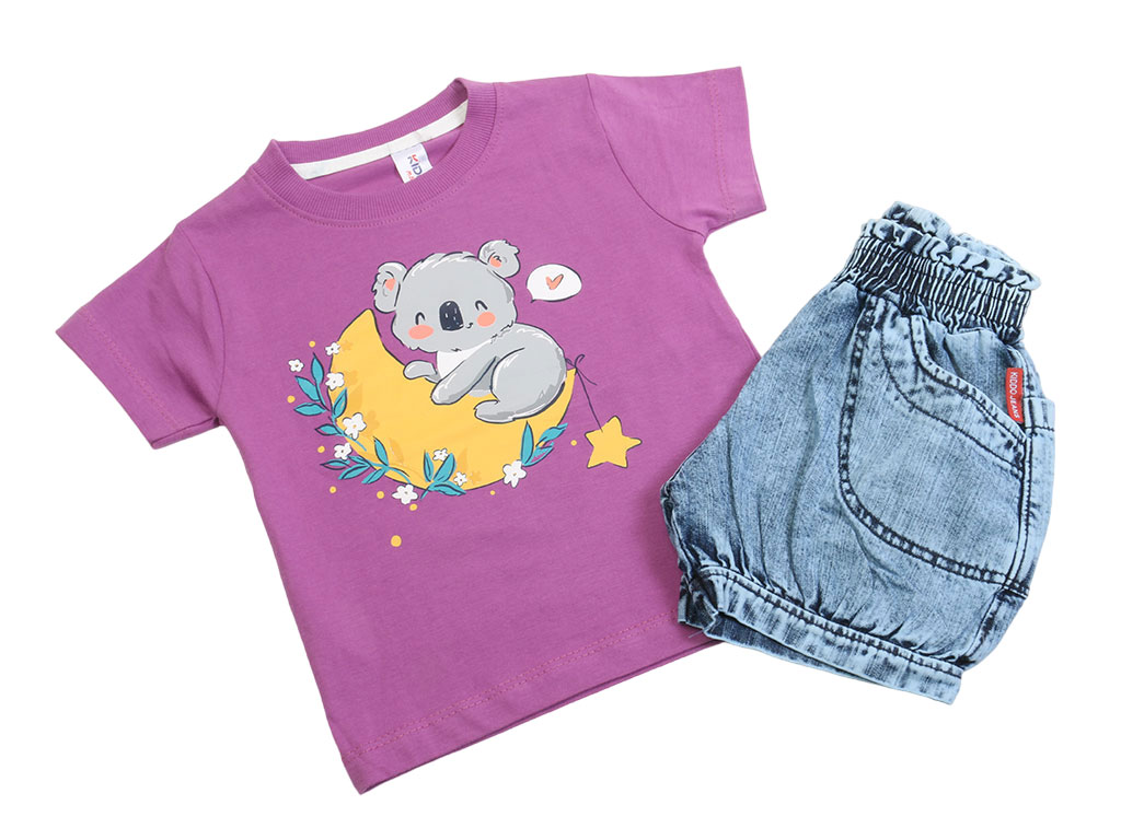 تیشرت و شلوارک جین دخترانه طرح کوآلا رنگ بنفش کیدومکس kido max