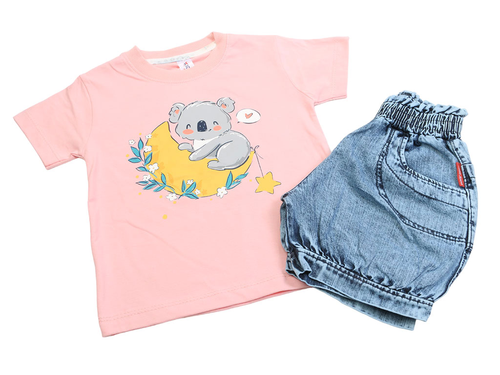 تیشرت و شلوارک جین دخترانه طرح کوآلا رنگ صورتی کیدومکس kido max