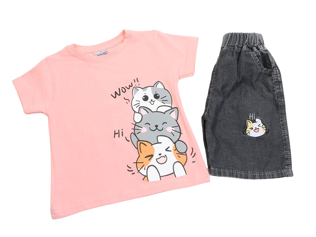 تیشرت و شلوارک جین کاغذی دخترانه طرح گربه