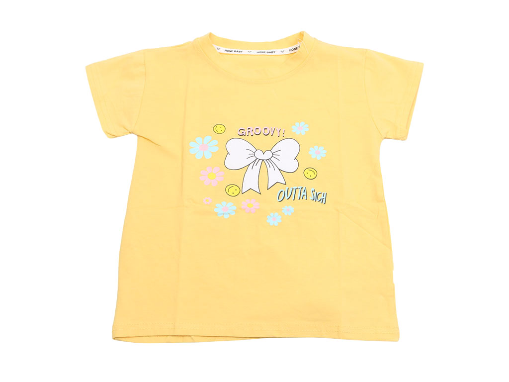 تیشرت آستین کوتاه دخترانه زرد رنگ طرح پاپیون