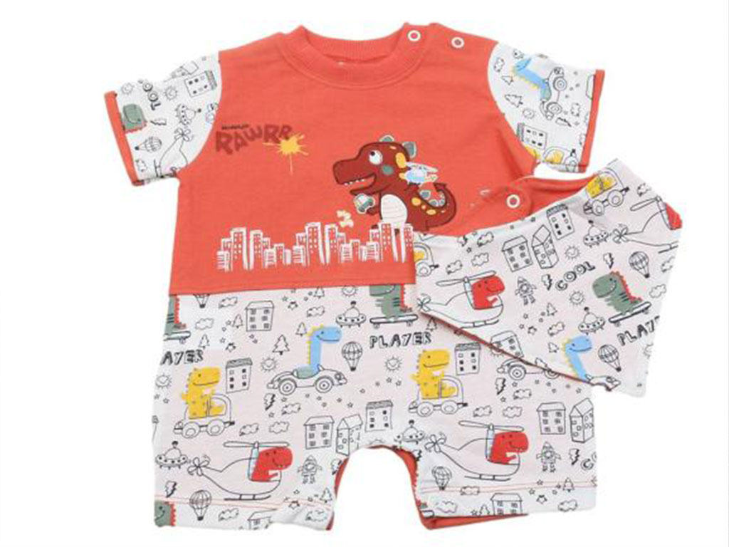 رامپر آستین کوتاه و دستمال گردن نوزادی پسرانه طرح دایناسور هاپی دیک Hoppidik