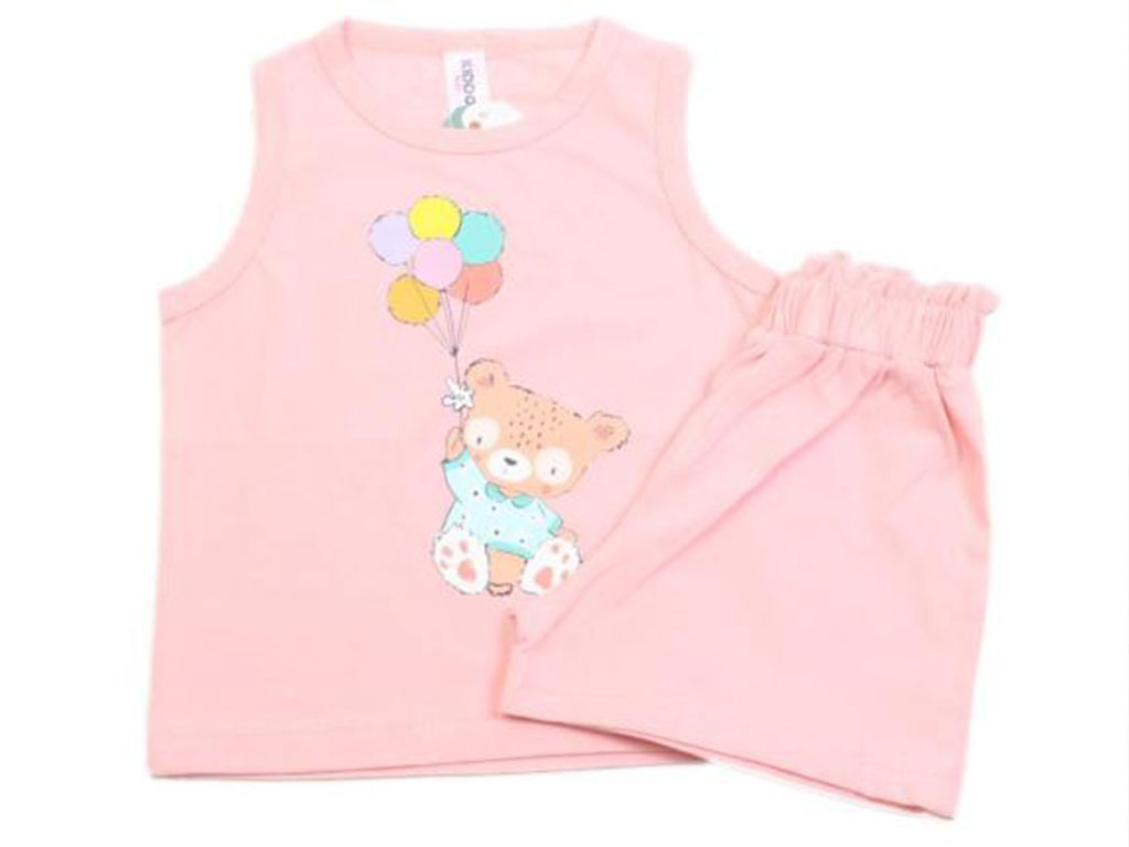 تاپ و شلوارک راحتی دخترانه صورتی رنگ طرح خرس و بادکنک کیدومکس kido max