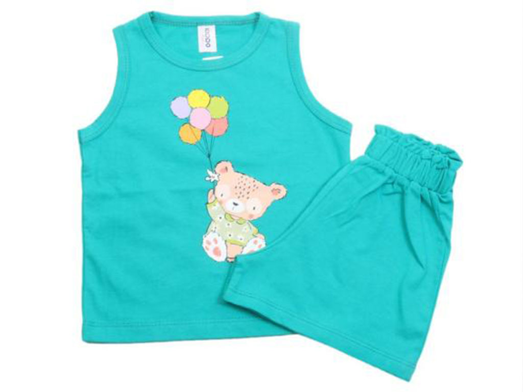 تاپ و شلوارک راحتی دخترانه رنگ سبزآبی طرح خرس و بادکنک کیدومکس kido max