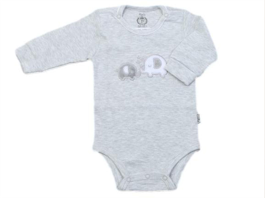 بادی آستین بلند نوزادی پسرانه خاکستری رنگ طرح الفنت پاریز Pariz