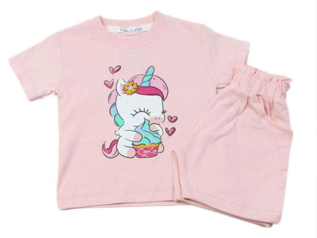 تیشرت و شلوارک راحتی دخترانه رنگ صورتی روشن طرح اسب تک شاخ کیدومکس kido max