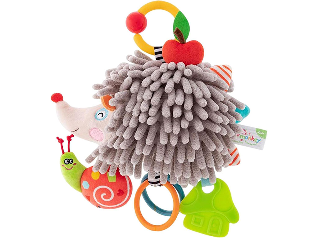 آویز تخت و کریر موزیکال نخ کش و جغجغه ای نوزادی دارای دندانگیر مدل جوجه تیغی هپی مانکیHAPPY MONKEY