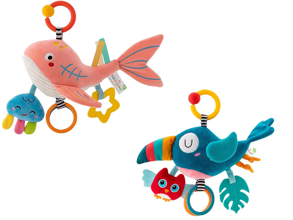 آویز تخت و کریر موزیکال نخ کش و جغجغه ای نوزادی دارای دندانگیر هپی مانکیHAPPY MONKEY