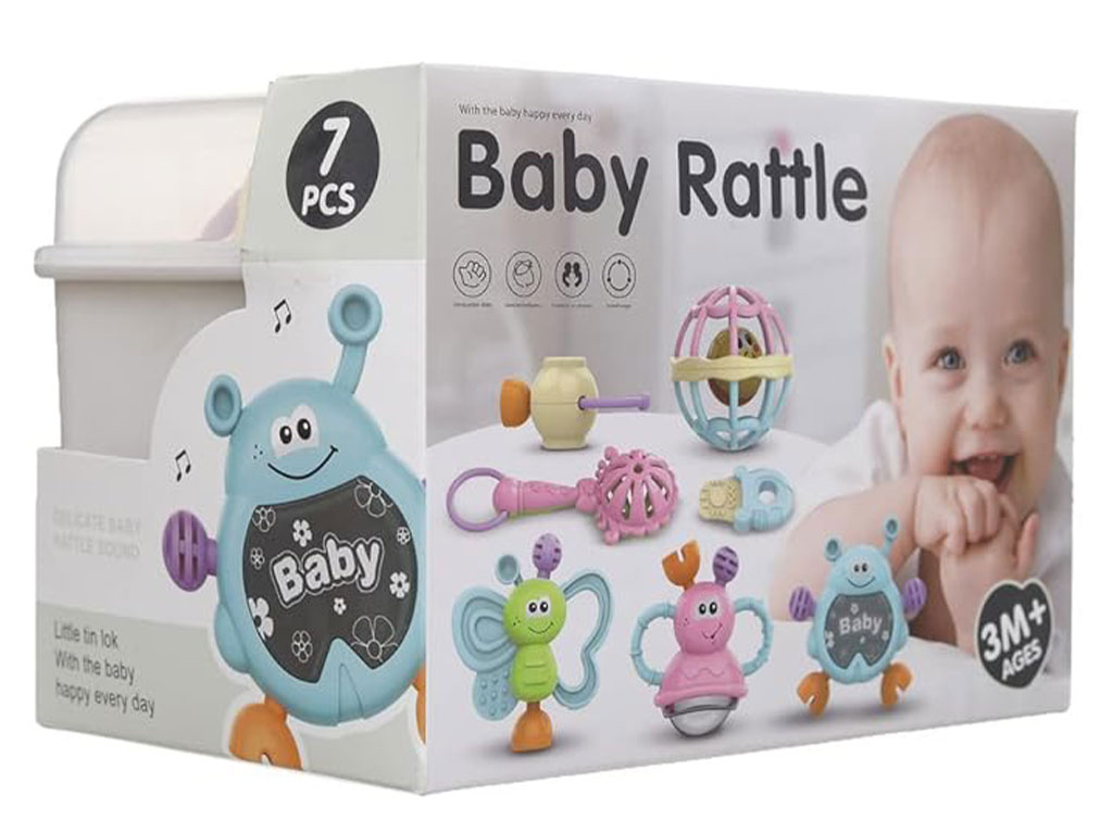 ست جغجغه و دندانگیر نوزادی7 عددی مدل صندوقی سایز بزرگ  Baby Rattle