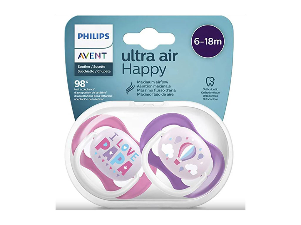 پستانک ارتودنسی دو عددی نوزادی 18-6 ماه مدل ultra air happy فیلیپس اونت philips avent