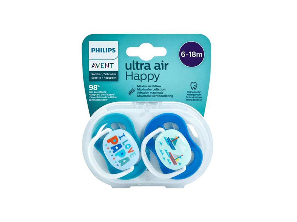 پستانک ارتودنسی دو عددی نوزادی 18-6 ماه مدل ultra air happy فیلیپس اونت philips avent