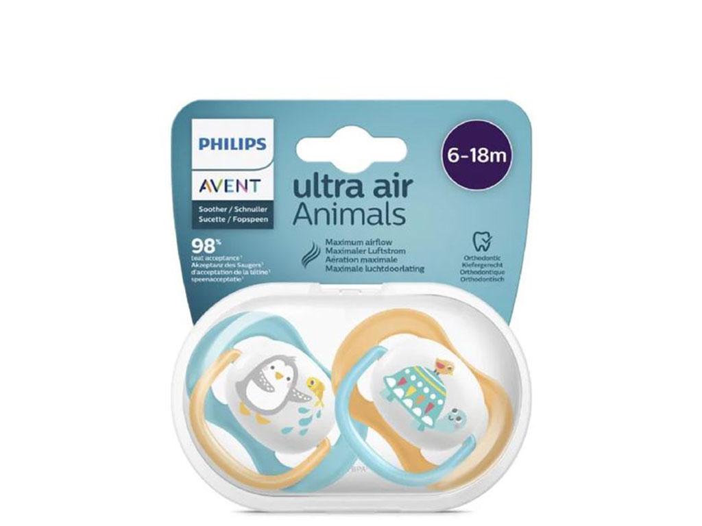 پستانک ارتودنسی دو عددی نوزادی 18-6 ماه مدل ultra air animals فیلیپس اونت philips avent