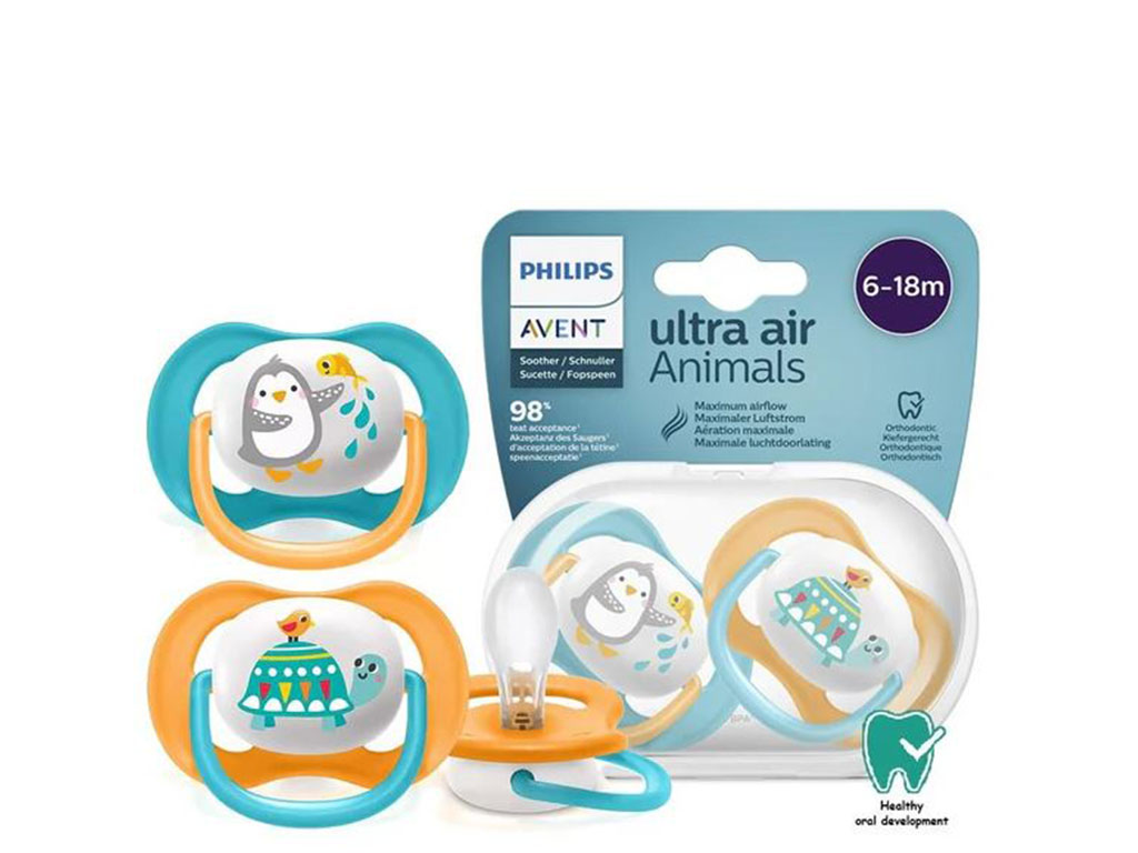 پستانک ارتودنسی دو عددی نوزادی 18-6 ماه مدل ultra air animals فیلیپس اونت philips avent