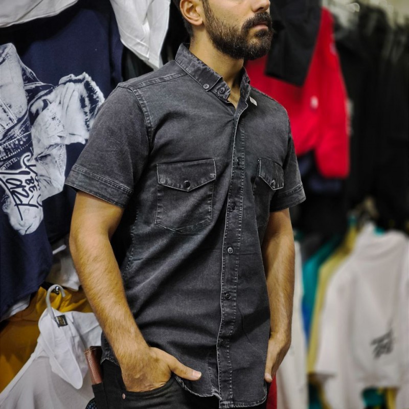 افر ویژه پیراهن دکمه ای آستین کوتاه مردانه خاص وویژه رنگ ذغالی  با ارسال رایگان