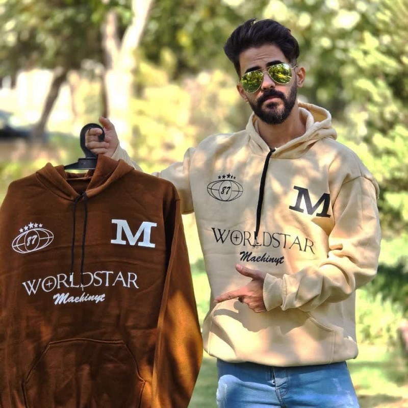 حراج استثنایی هودی مردانه و پسرانه طرح M جدید و منحصر بفرد رنگ کرمی باارسال رایگان