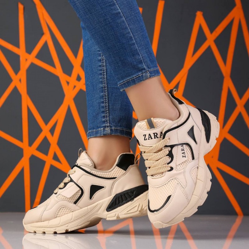 آفر ویژه کفش اسپرت لژدار دخترانه زنانه مدل ZARA شیک و جذاب رنگ کرم مشکی باارسال رایگان