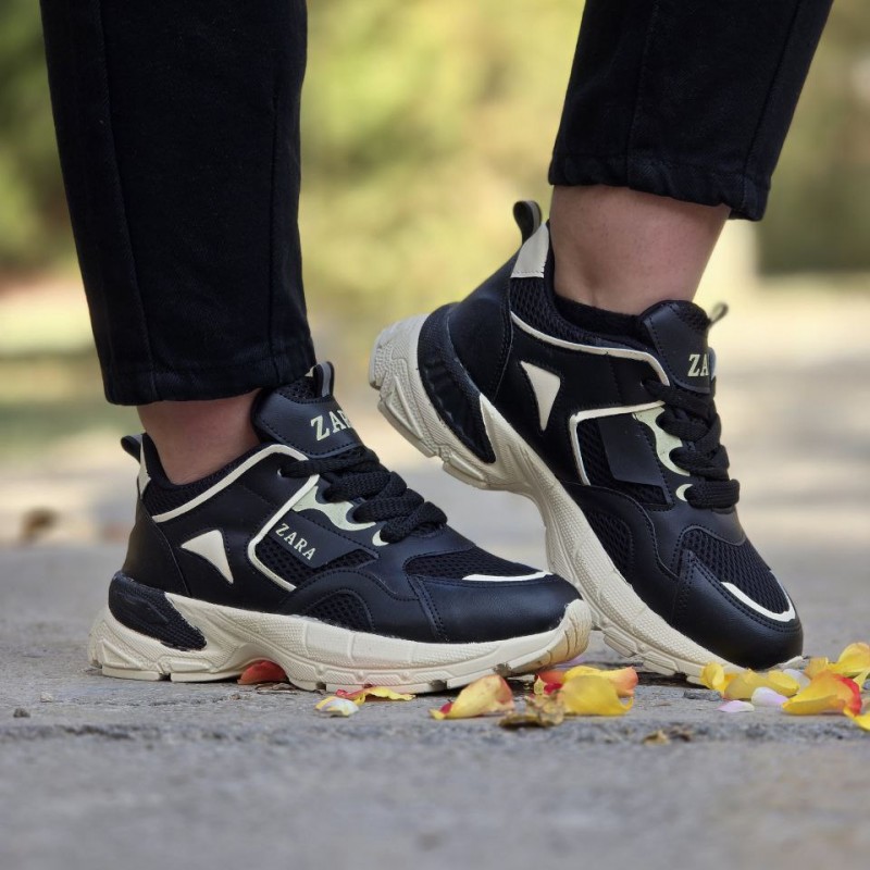 فروش استثنایی کفش اسپرت لژدار دخترانه زنانه مدل ZARA بینظیر و خاص رنگ مشکی کرم  باارسال رایگان