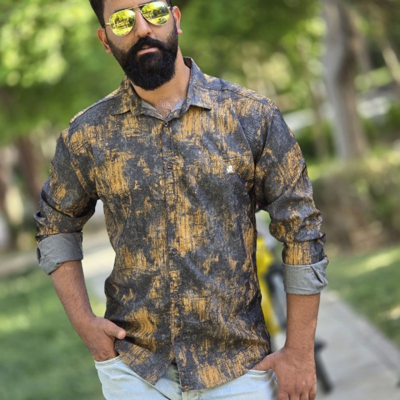حراجی پیراهن دکمه ای آستین دار مردانه طرح ابر و بادی شیک و جدید رنگ طوسی زرد با ارسال رایگان