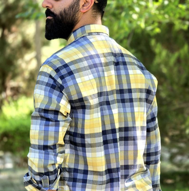 حراج ویژه پیراهن دکمه ای آستین دار مردانه مدل چهارخونه ای بسیار جذاب رنگ آبی زرد  با ارسال رایگان