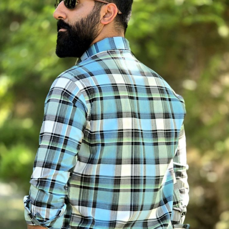 حراج فوق العاده پیراهن دکمه ای آستین دار مردانه مدل چهارخونه ای ویژه وخاص  رنگ  سفید آبی با ارسال رایگان