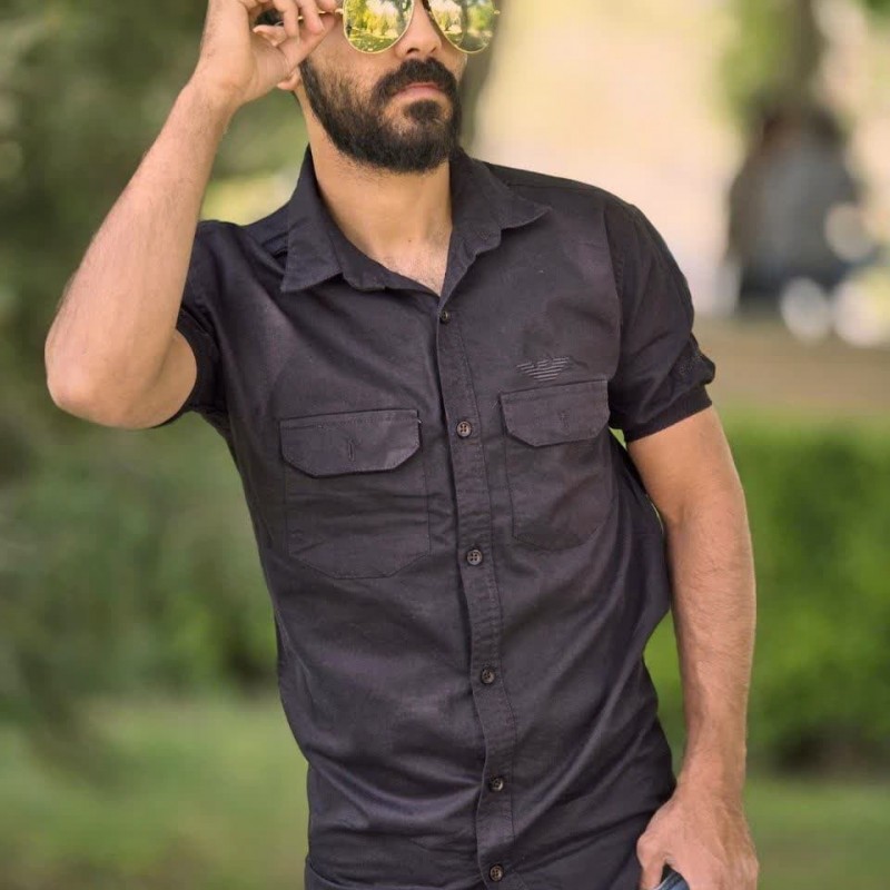 حراج ویژه پیراهن دکمه ای آستین کوتاه مردانه پسرانه شیک و خاص رنگ مشکی  با ارسال رایگان