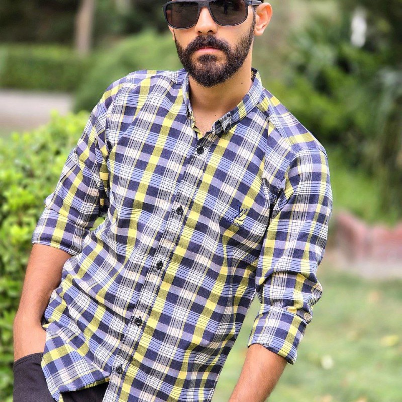 فروش  فوق العاده  پیراهن دکمه ای آستین دار مردانه بسیار شیک مدل چهارخونه رنگ سفید بنفش با ارسال رایگان