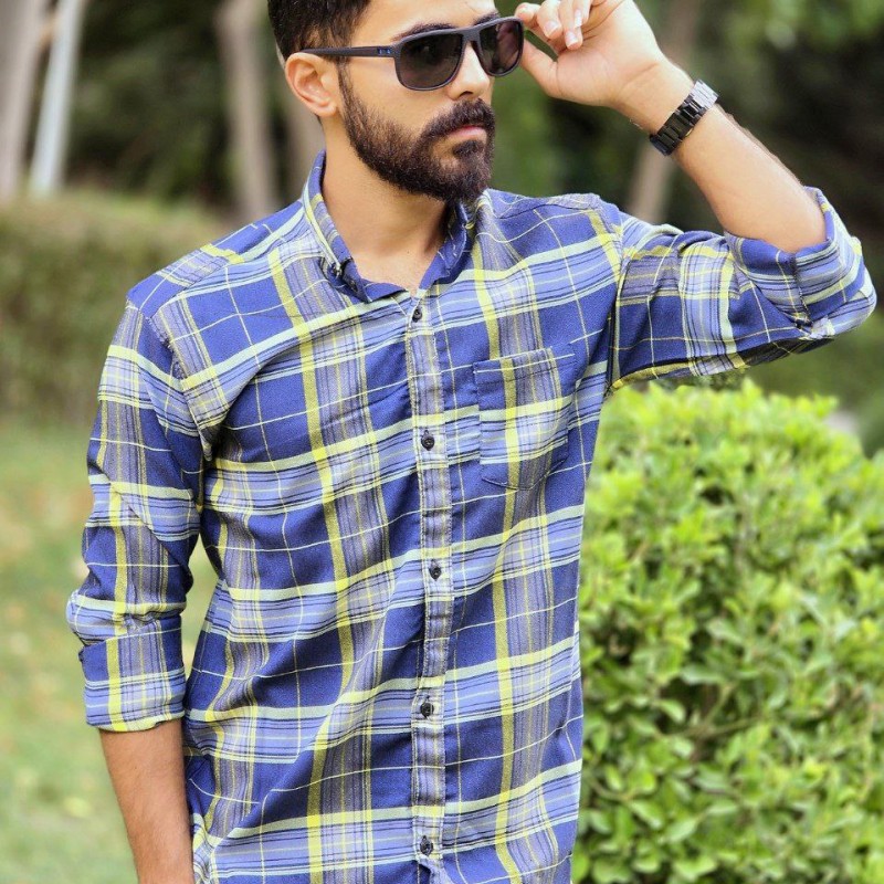 حراج ارزان پیراهن دکمه ای آستین دار مردانه بسیار شیک مدل چهارخونه رنگ  بنفش زرد با ارسال رایگان