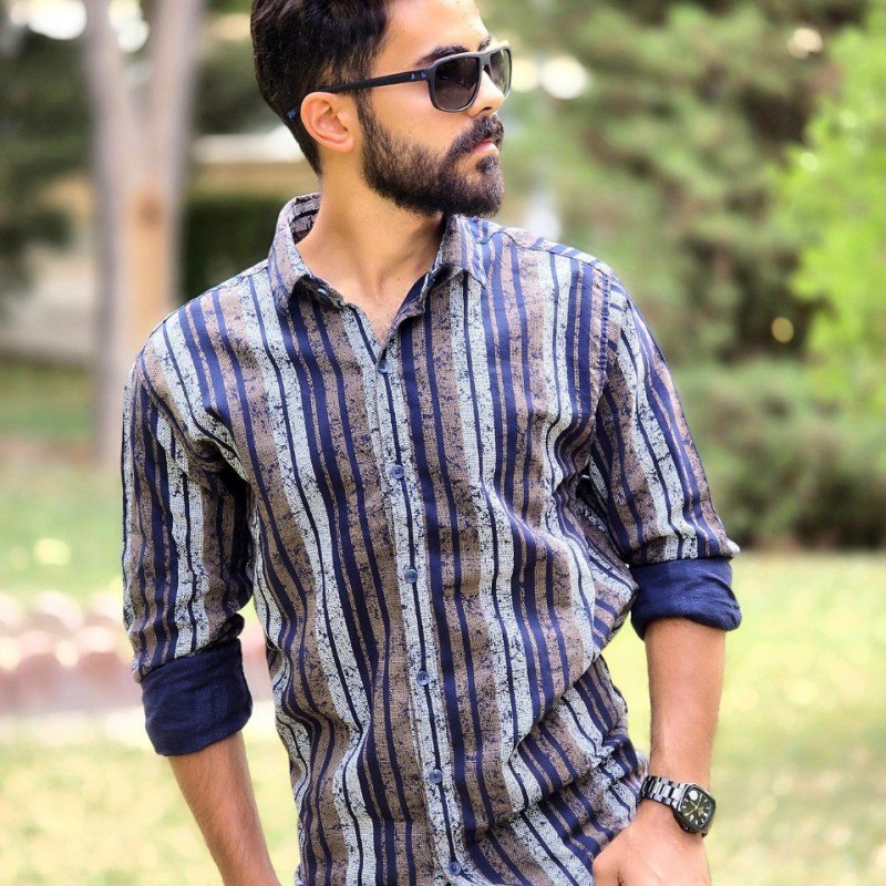 فروش فوق العاده  پیراهن دکمه ای آستین دار مردانه با کیفیت بالا رنگ طوسی سرمه ای با ارسال رایگان