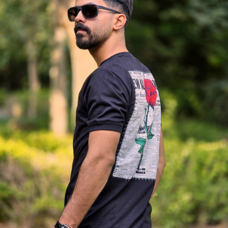 حراج عالی تیشرت لانگ مردانه پشت چاپ طرح گل رز با قیمتی باورنکردنی رنگ مشکی  باارسال رایگان