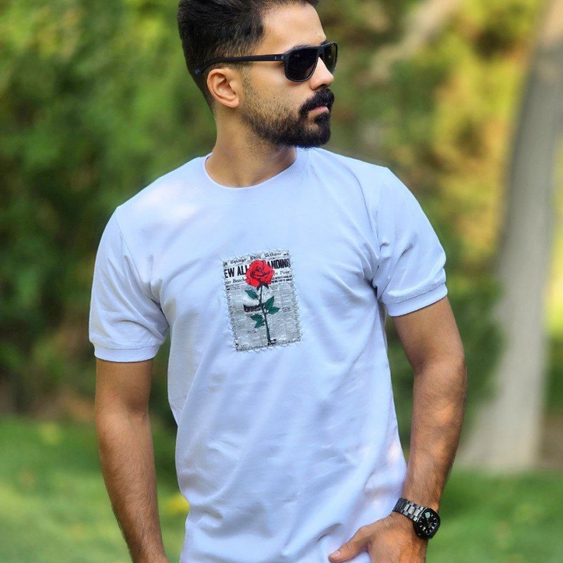 فروش فوق العاده تیشرت لانگ مردانه پشت چاپ طرح گل رز با کیفیت عالی  رنگ سفید باارسال رایگان