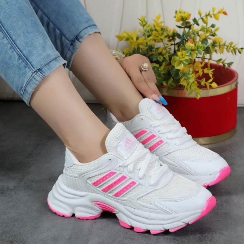 فروش بی نظیر کفش کتونی اسپرت دخترانه زنانه مدل آدیداس  جذاب و سبک رنگ سفید صورتی باارسال رایگان