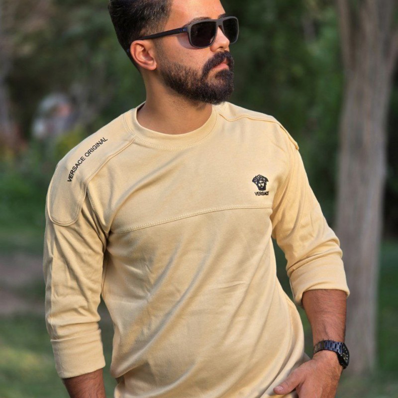 فروش بی نظیر تیشرت آستین دار پاییزه مردانه پسرانه شیک و بادوام رنگ کرم با ارسال رایگان