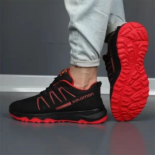 فروش بی نظیر کفش کتونی اسپرت مردانه پسرانه مدل سالامون  جذاب و سبک رنگ مشکی قرمزبا ارسال رایگان