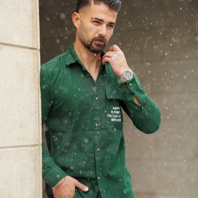پیراهن دکمه دار مردانه استین دار جنس بیسکوییتی سبز با ارسال رایگان