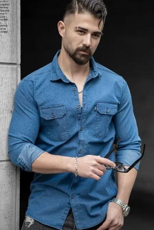 پیراهن دکمه دار مردانه استین دار جنس لی رنگ ابی روشن با ارسال رایگان