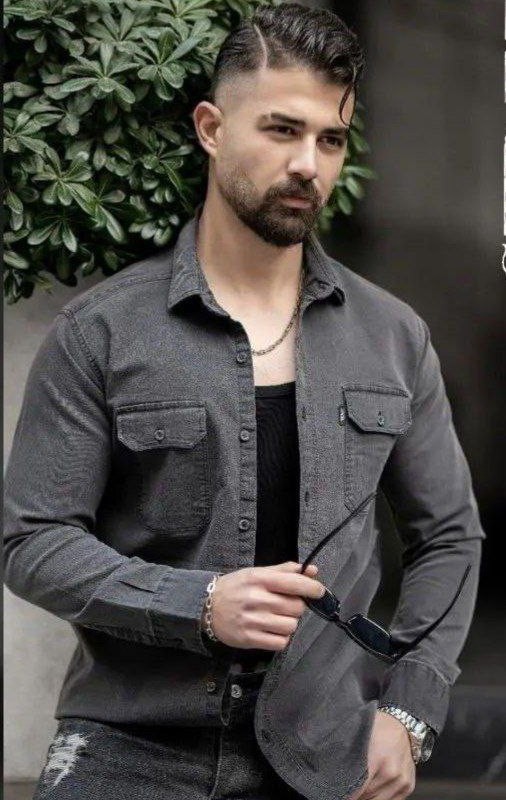 پیراهن دکمه دار مردانه استین دار جنس لی رنگ ذغالی روشن با ارسال رایگان