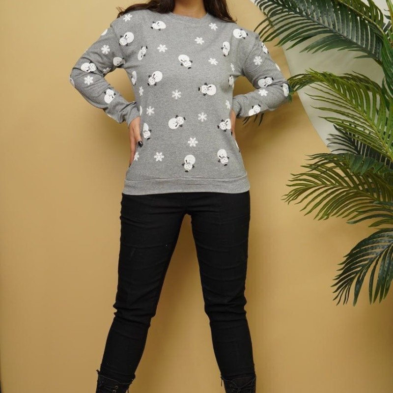 تیشرت استین دار دخترانه زنانه طرح ادم برفی جنس ملانژ ضخیم با کیفیت تن خور عالی فری سایز تک رنگ