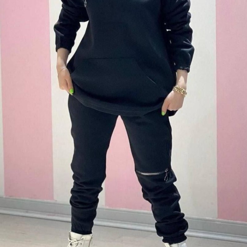 خرید اینترنتی ست هودی و شلوار دخترانه جنس ضخیم با ارسال رایگان تک رنگ مشکی